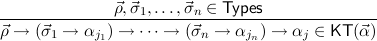 --------------⃗ρ,⃗σ1,...,⃗σn-∈-Types---------------
⃗ρ → (⃗σ1 → αj1) → ⋅⋅⋅ → (⃗σn → αjn) → αj ∈ KT( ⃗α)